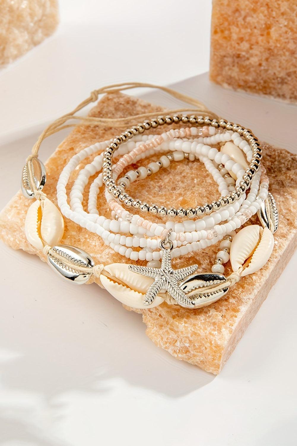 White 7pcs Starfish Seashell Beaded Bracelet Set - L & M Kee, LLC