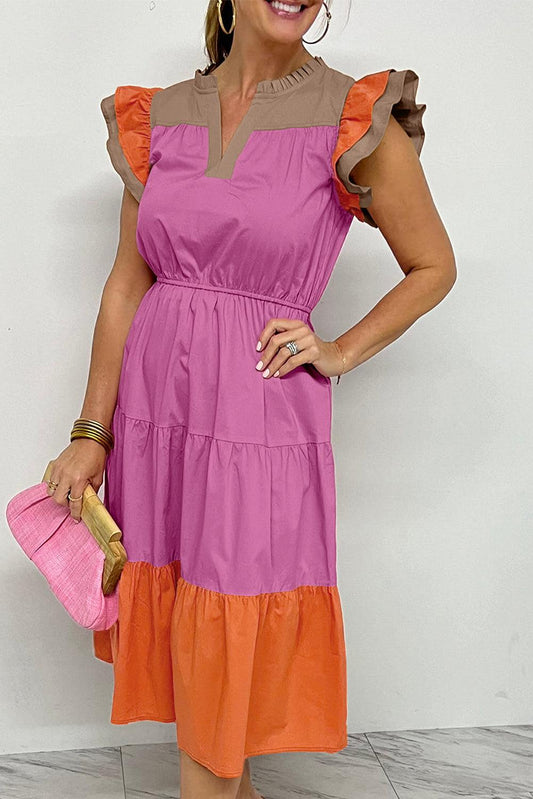 Bonbon Color Block Tiered Notched Neck Ruffle Sleeve Dress - L & M Kee, LLC