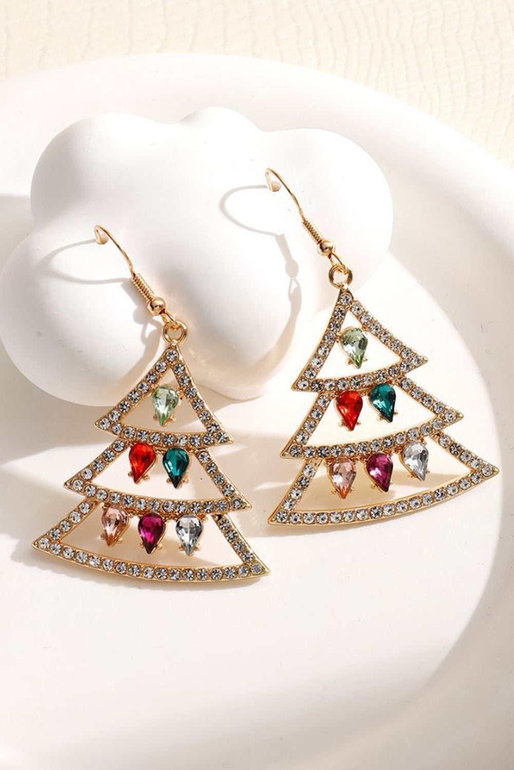 Gold Gem Decor Rhinestone Christmas Tree Holiday Hook Earrings