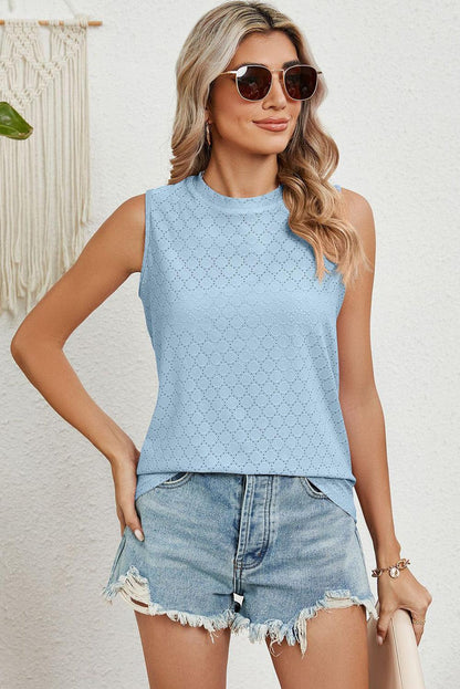 Myosotis Solid Color Eyelet Pattern Round Neck Tank Top - L & M Kee, LLC