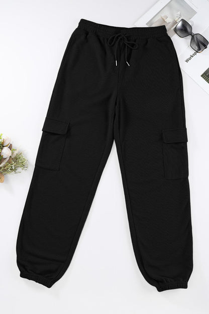 Black Waffle Texture Cargo Pocket Jogger Pants - L & M Kee, LLC