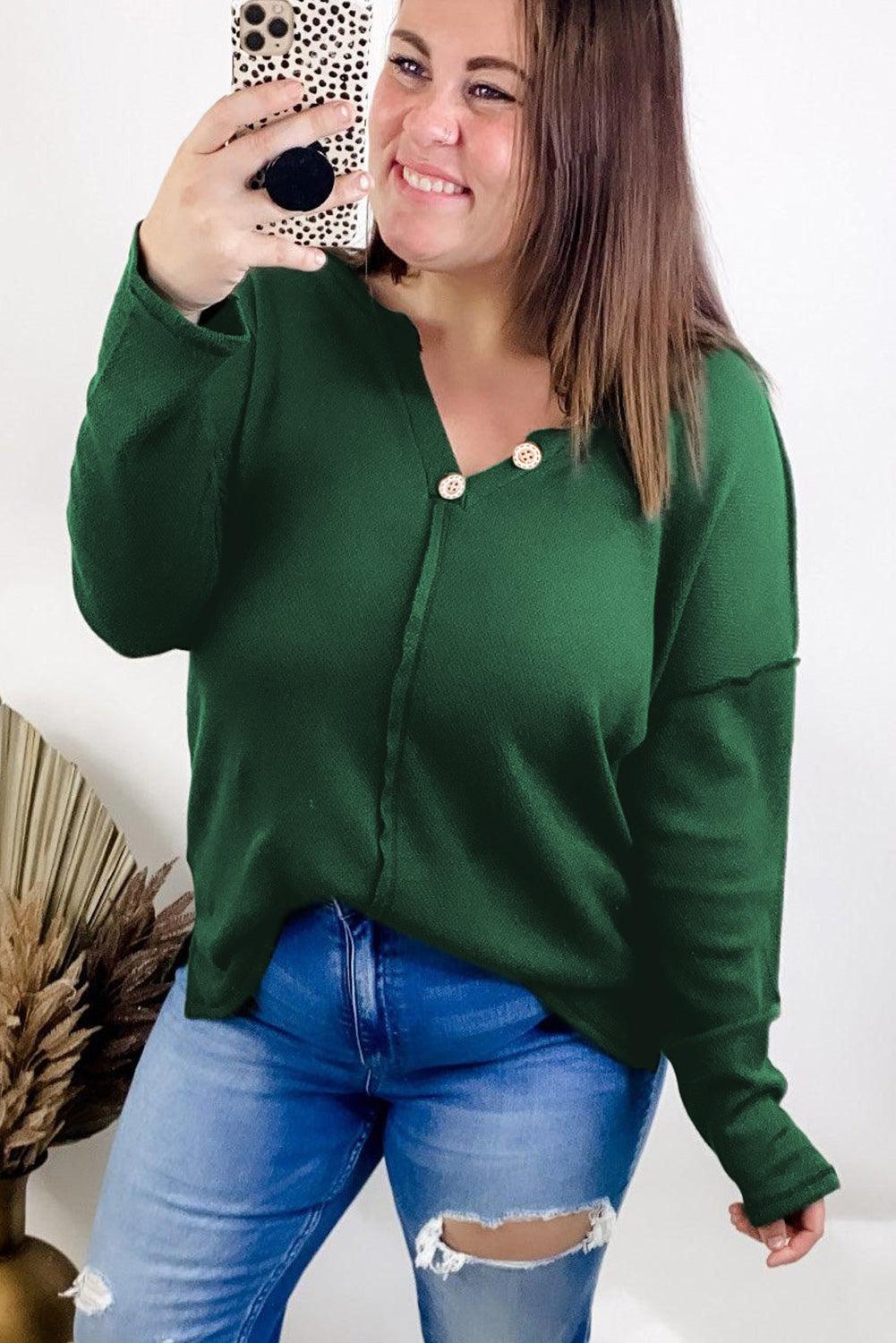 Green Exposed Seam Henley Buttoned Plus Size Long Sleeve Top - L & M Kee, LLC