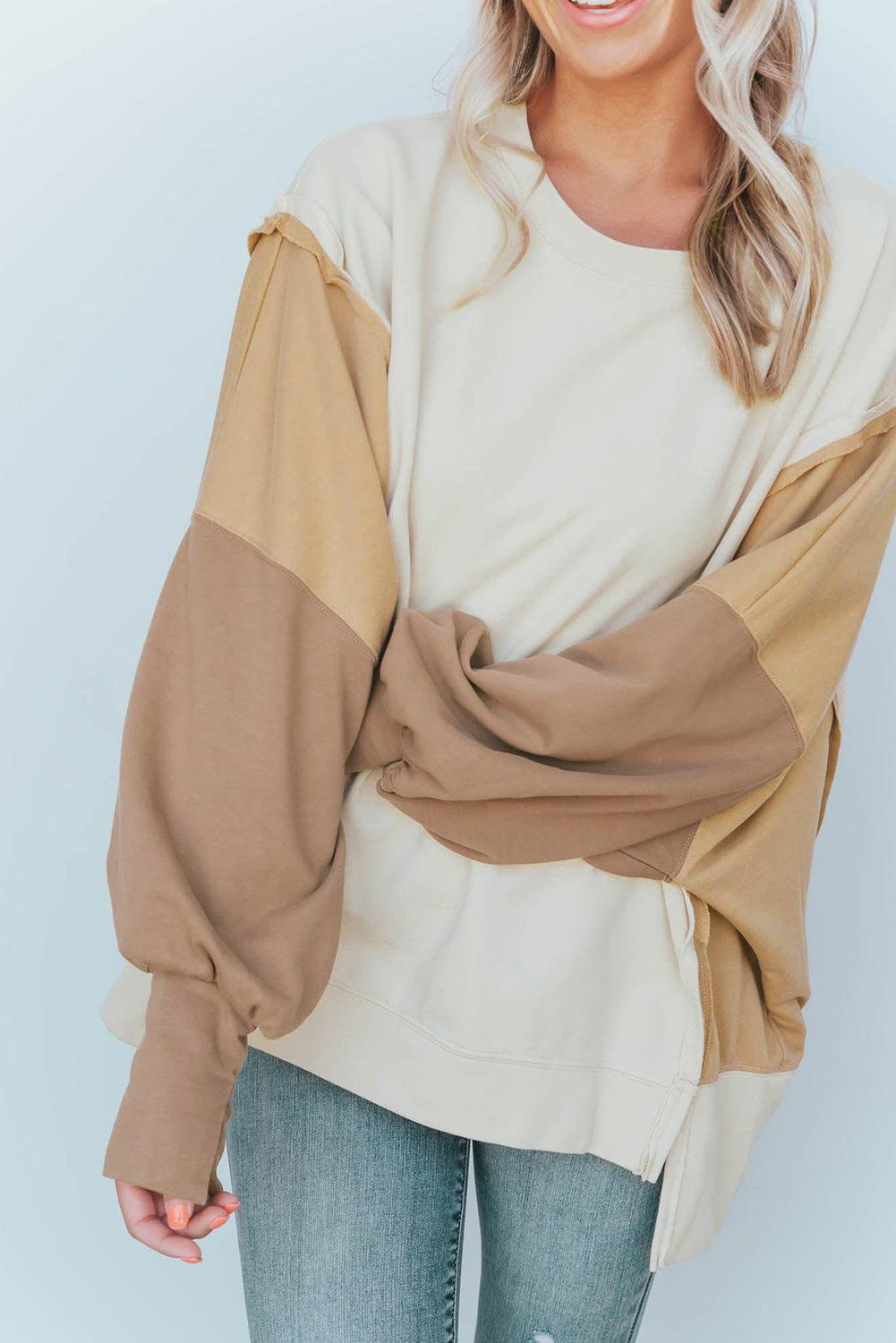 Khaki Color Block Sleeve Patchwork Oversized Sweatshirt - L & M Kee, LLC