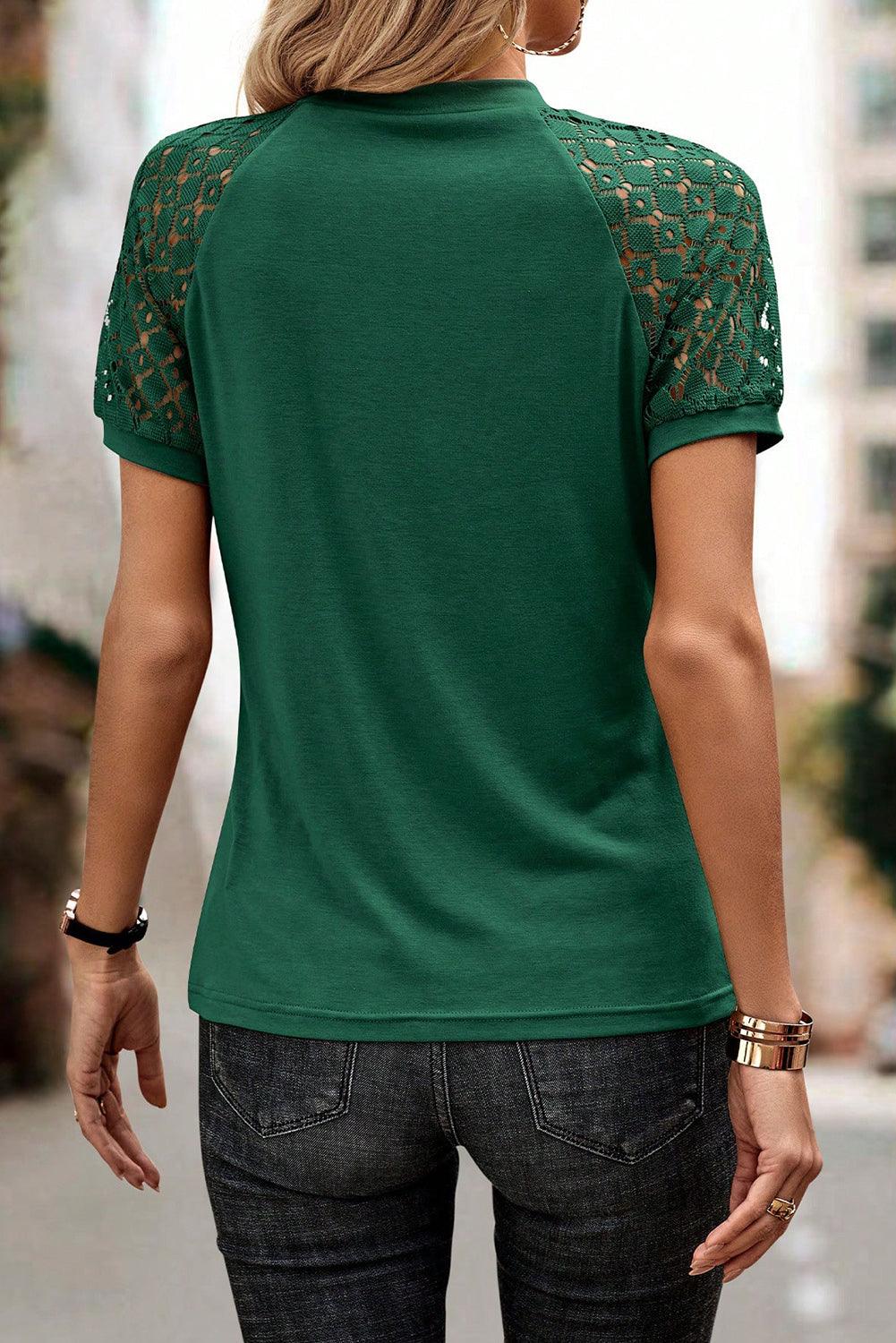 Blackish Green Seamed Detail Contrast Lace Raglan Sleeve Tee - L & M Kee, LLC