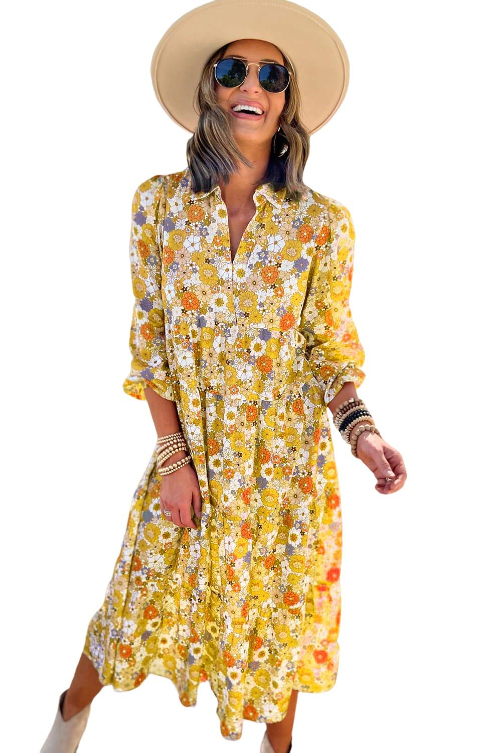 Multicolor Boho Floral Collared Long Sleeve Ruffled Dress - L & M Kee, LLC