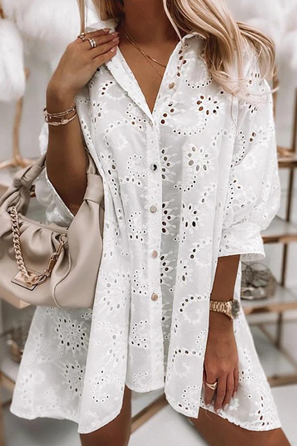 Eyelet Floral Pattern Shirt Babydoll Dress - L & M Kee, LLC