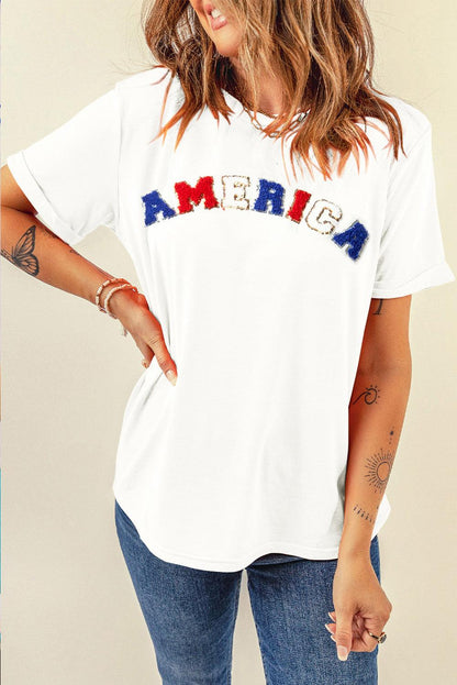 White Chenille AMERICA Graphic Crewneck T Shirt - L & M Kee, LLC