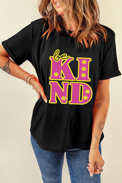 Black be KIND Flower Print Crew Neck T Shirt - L & M Kee, LLC