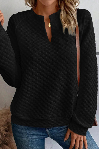 Black Split Neck Quilted Long Sleeve Top - L & M Kee, LLC