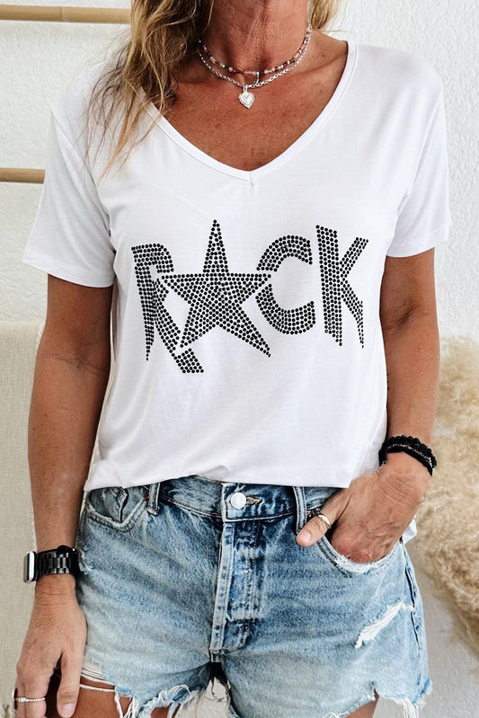 White Rhinestoned ROCK Star Graphic V Neck T Shirt - L & M Kee, LLC