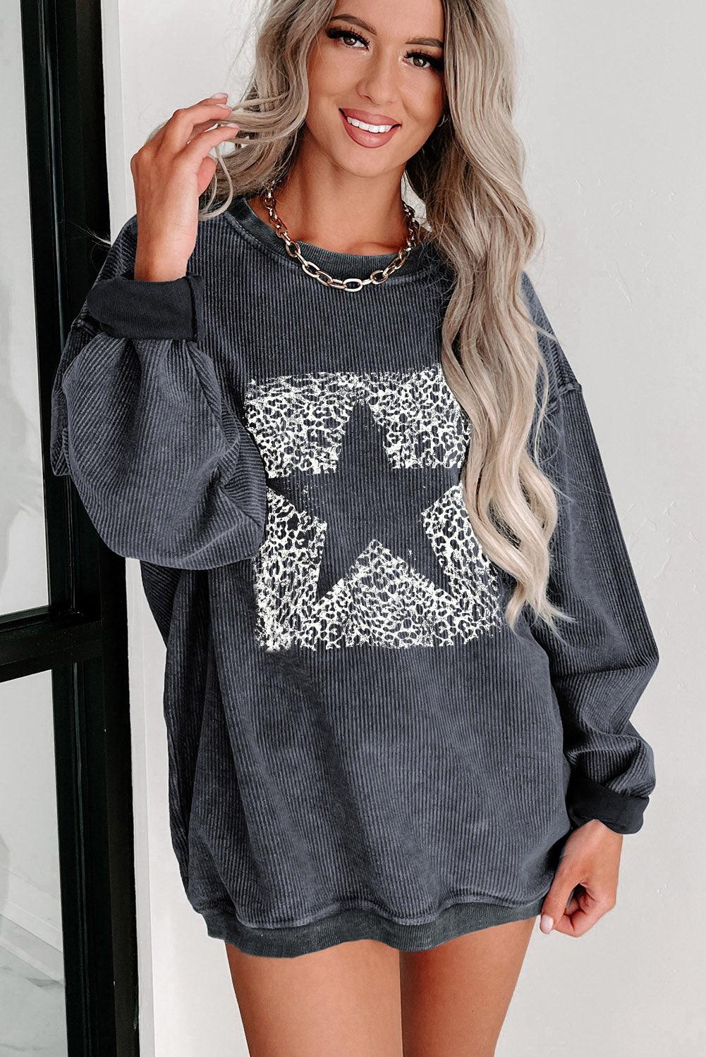Gray Leopard Star Graphic Corded Sweatshirt - L & M Kee, LLC