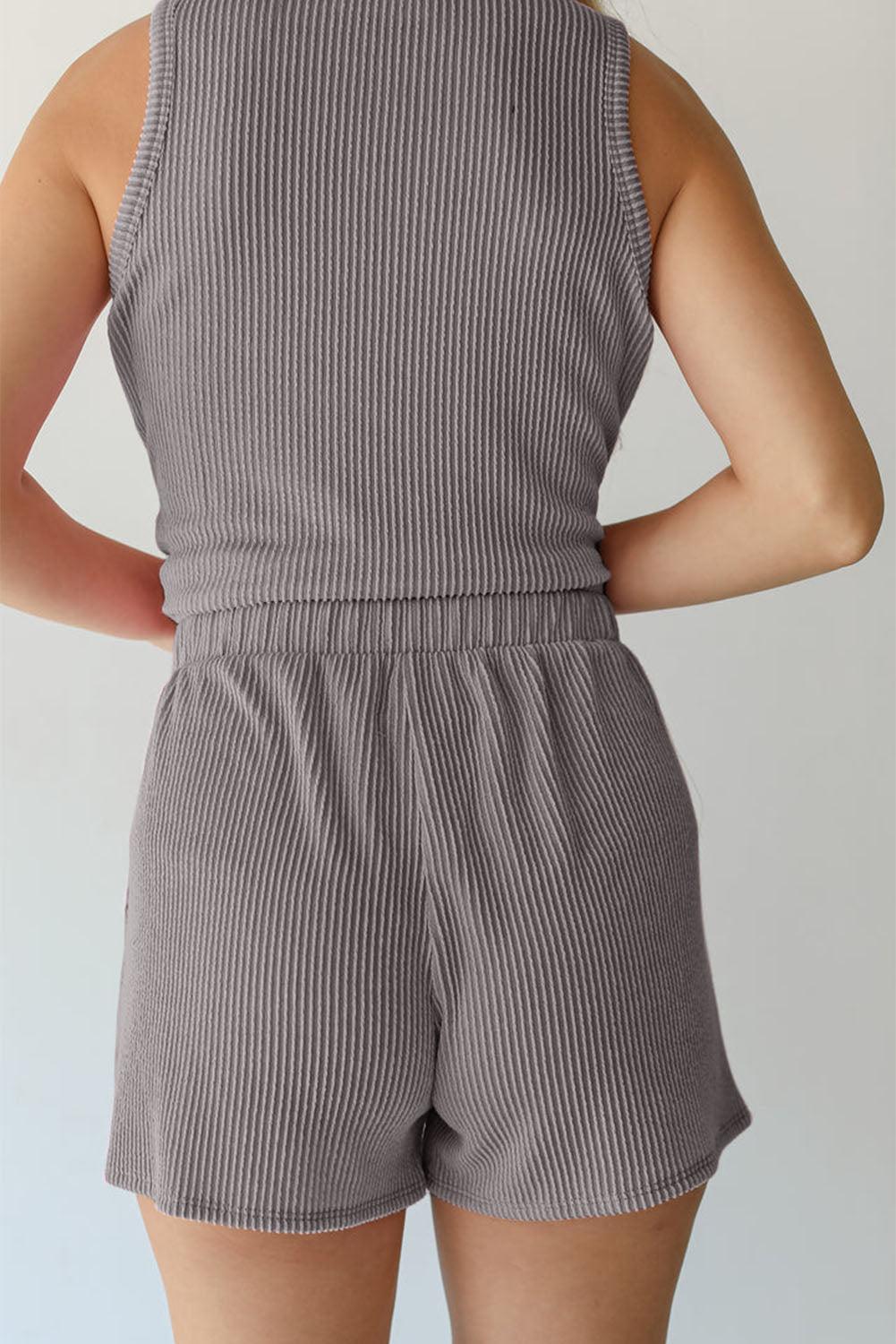 Medium Grey Corded Sleeveless Top and Pocketed Shorts Set - L & M Kee, LLC