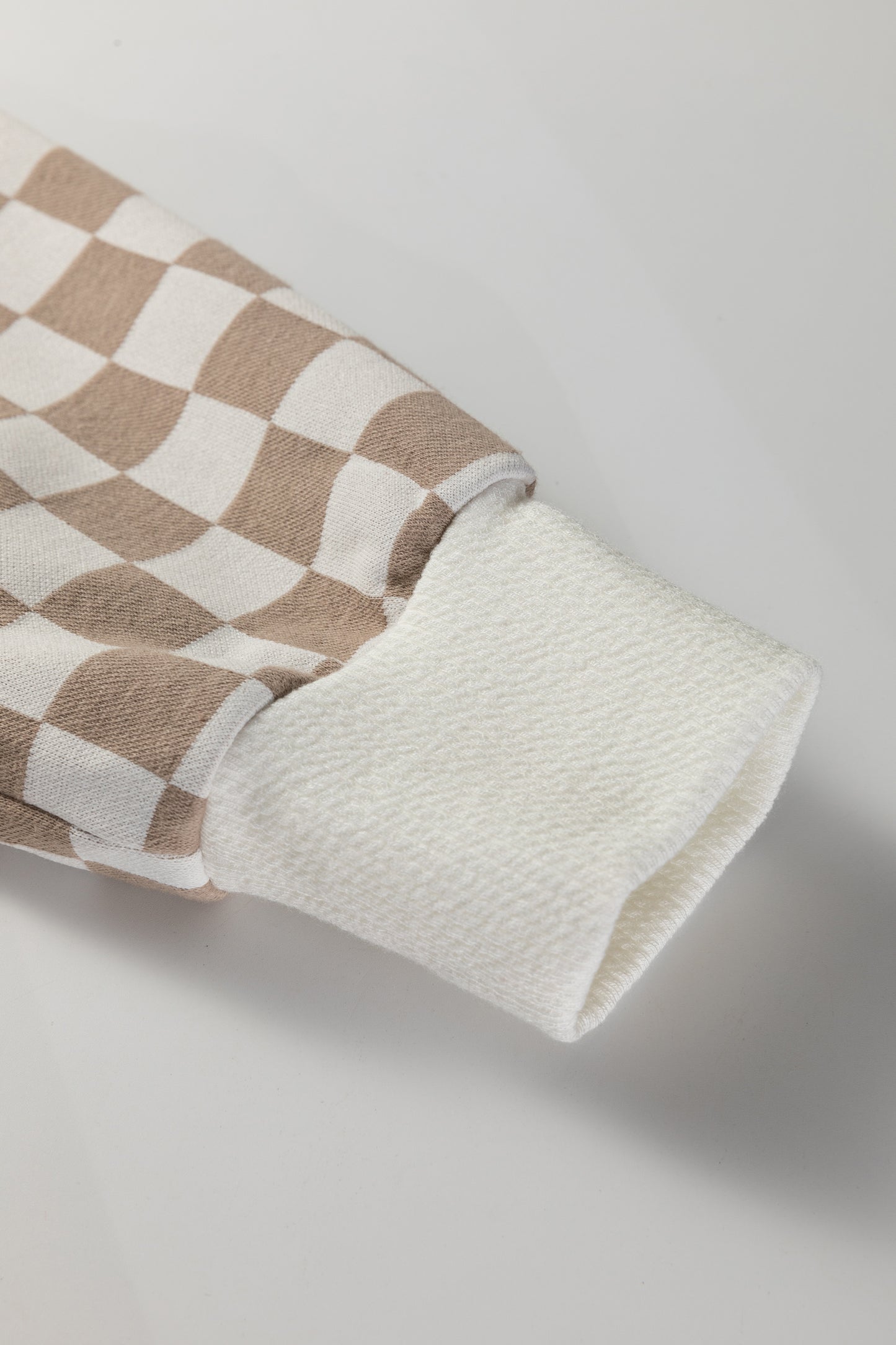 Khaki Checkered Print Quarter Zip Ribbed Patchwork Loose Sweatshirt