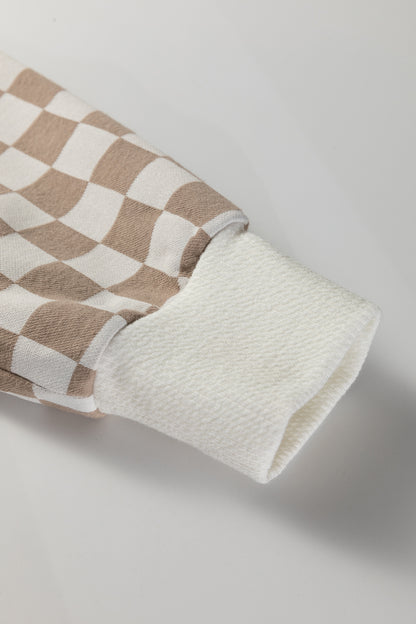 Khaki Checkered Print Quarter Zip Ribbed Patchwork Loose Sweatshirt