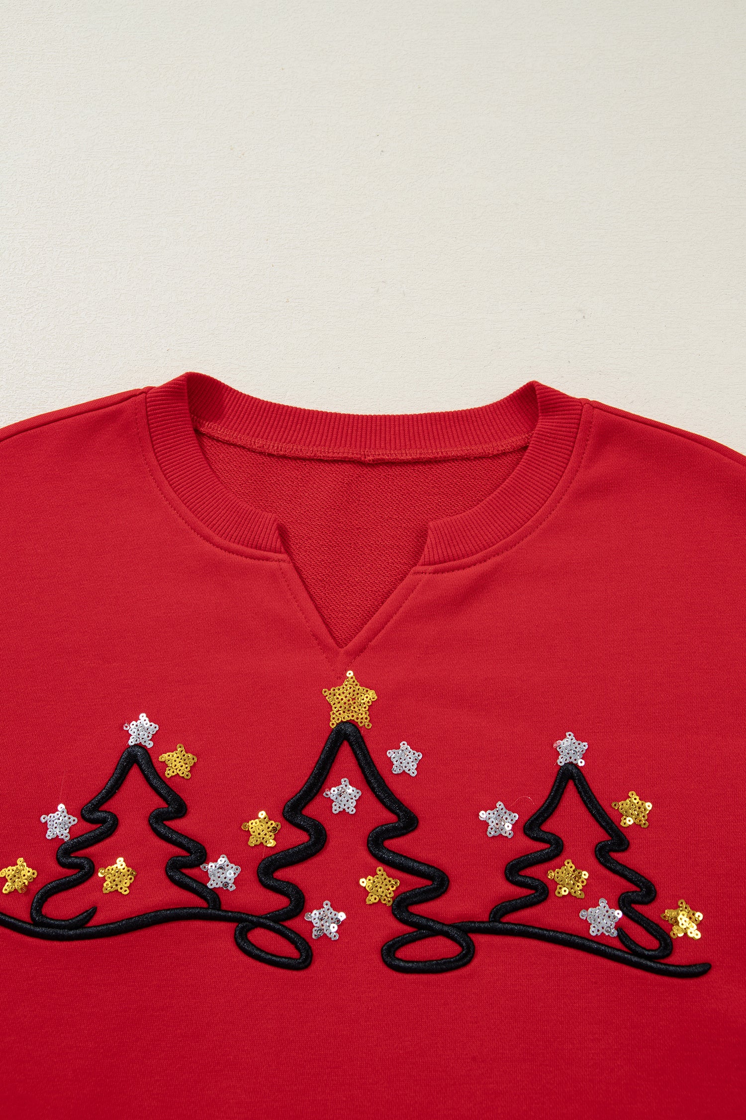 Tomato Red Christmas Tree Embroidered Notched Neck Cropped Sweatshirt