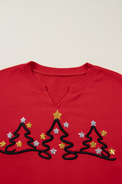 Tomato Red Christmas Tree Embroidered Notched Neck Cropped Sweatshirt