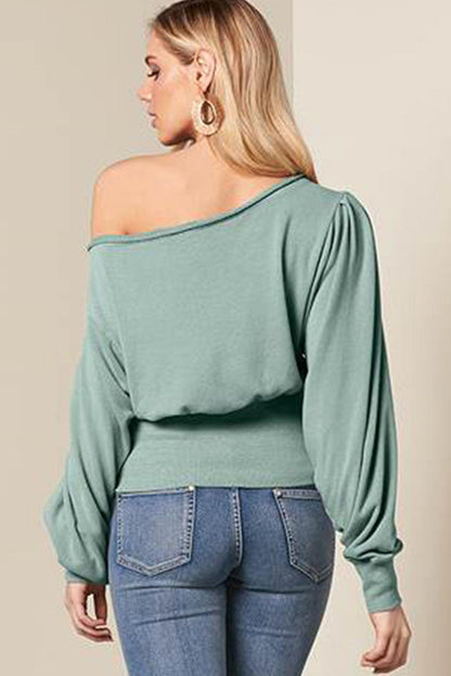 Green Off Shoulder Bishop Sleeve Cinched Waist Blouse - L & M Kee, LLC