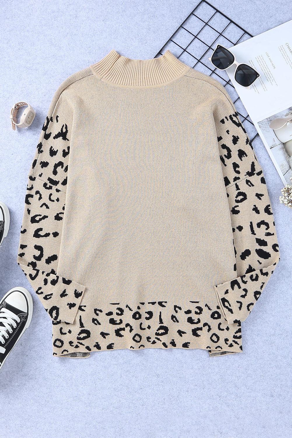 Khaki Leopard High Neck Side Slit Oversized Sweater - L & M Kee, LLC