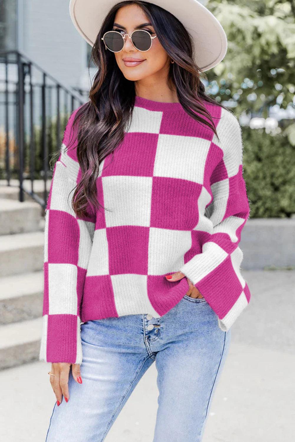 Bright Pink Checkered Round Neck Baggy Sweater - L & M Kee, LLC