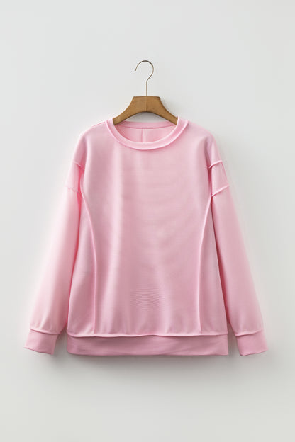 Pink Horizontal Ribbed Exposed Seam Detail Long Sleeve Top