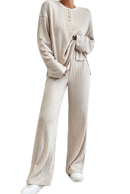 Beige Ribbed Drop Shoulder Henley Top Wide Leg Pants Set - L & M Kee, LLC