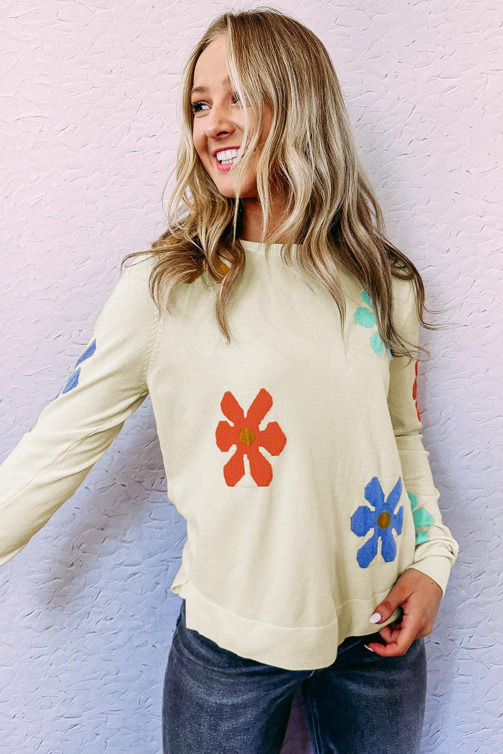 White Sweet Floral Pullover Sweater - L & M Kee, LLC