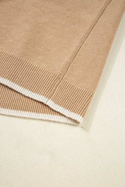 Tan Leopard Bow Decor Split Cuff Contrast Trim Sweater