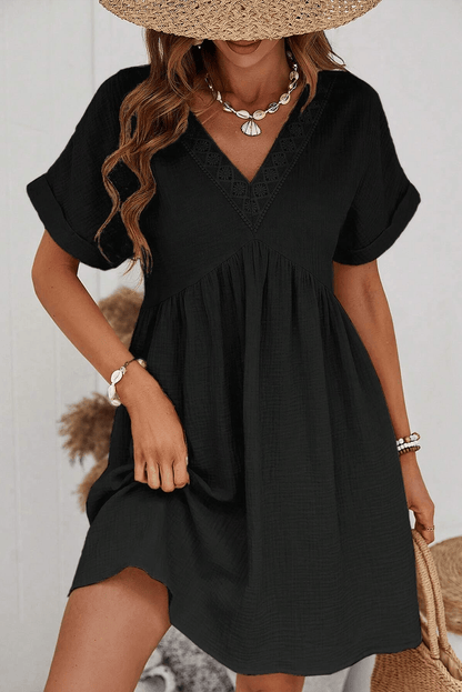 Black Folded Short Sleeve Lace V Neck Mini Dress - L & M Kee, LLC