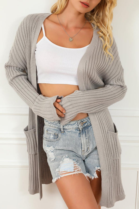 Gray Loose Ribbed Knit Pocketed Open Cardigan - L & M Kee, LLC