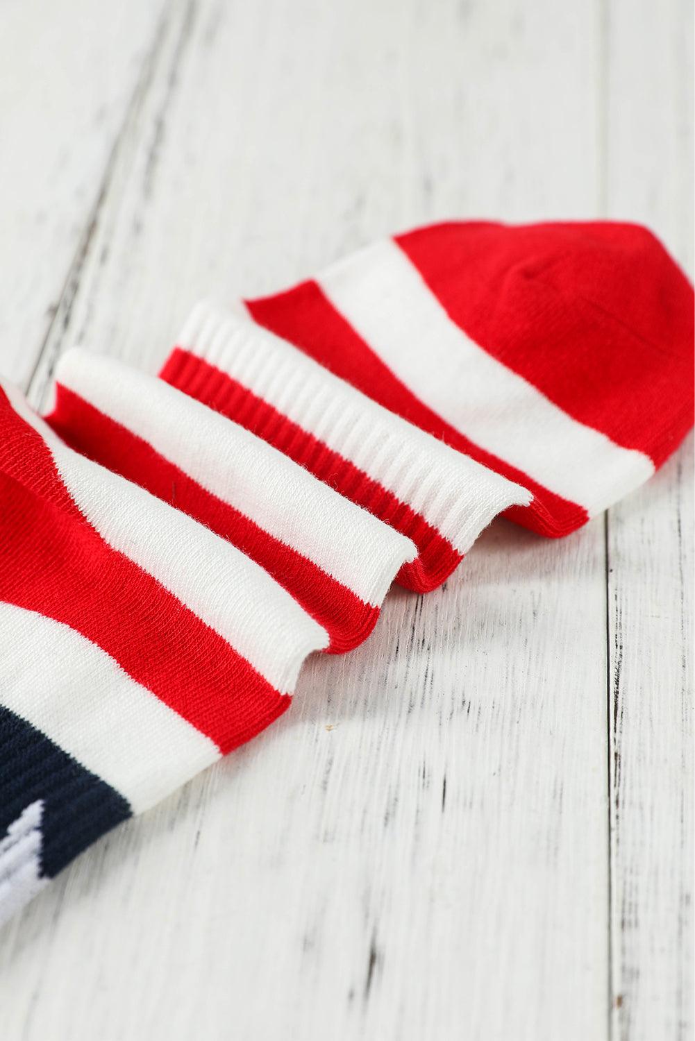 Fiery Red Star and Striped Print Ribbed Knit Crew Socks