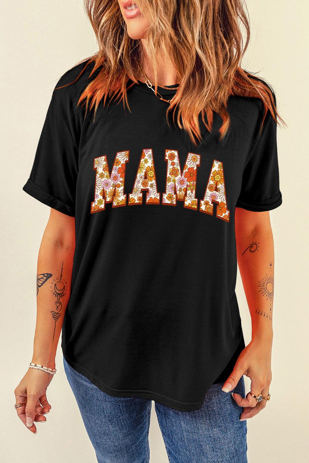 Black Flower Printed MAMA Letter Graphic T-shirt - L & M Kee, LLC