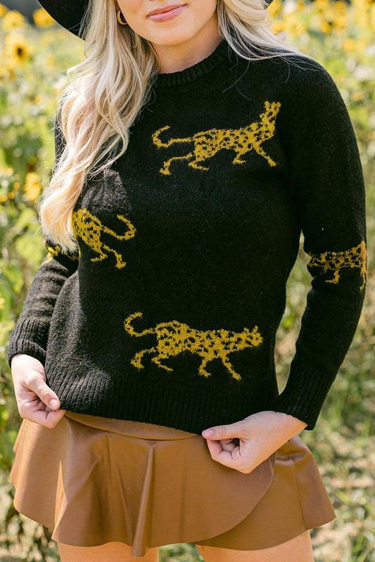 Black Cheetah Pattern Knit Round Neck Sweater - L & M Kee, LLC