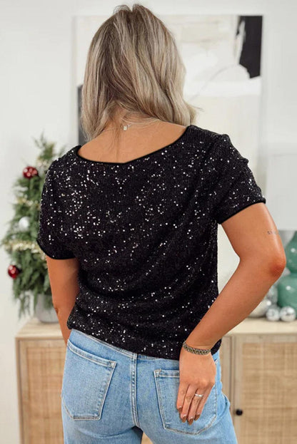 Black Short Sleeve Sequin Top - L & M Kee, LLC