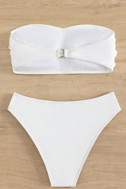 White 3D Floral Bandeau High Waist Bikini - L & M Kee, LLC