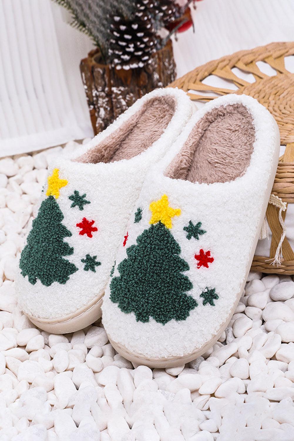 White Fuzzy Christmas Tree Pattern Home Slippers - L & M Kee, LLC