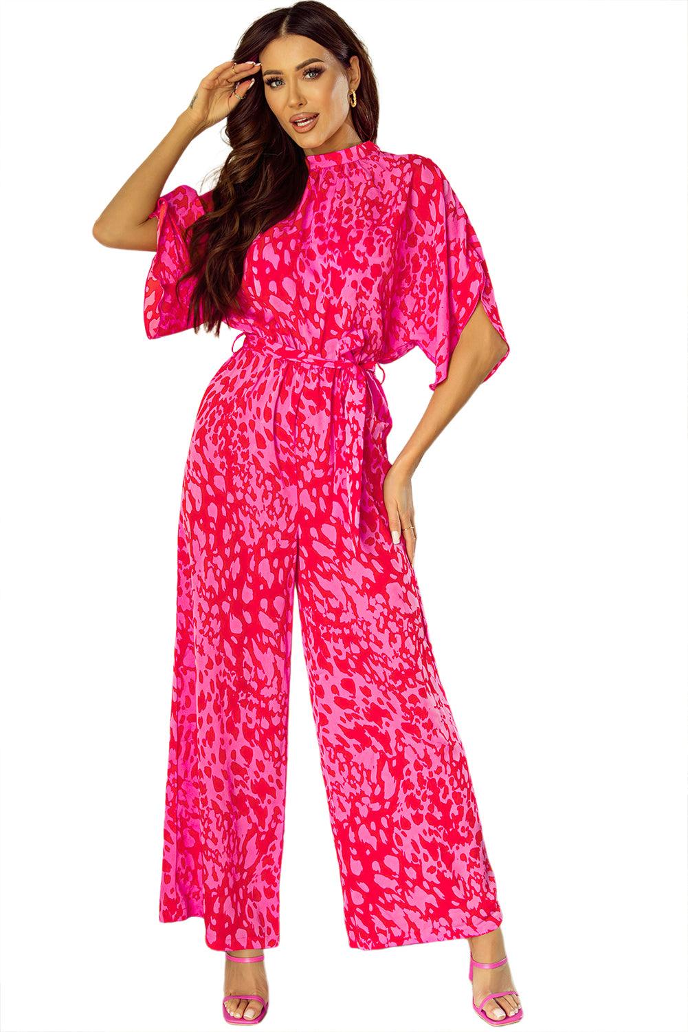 Rose Leopard Loose Sleeve Belted Wide Leg Jumpsuit - L & M Kee, LLC