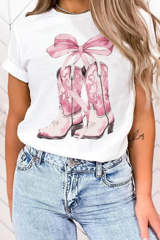 White Western Boots Bow Knot Print Crew Neck T Shirt