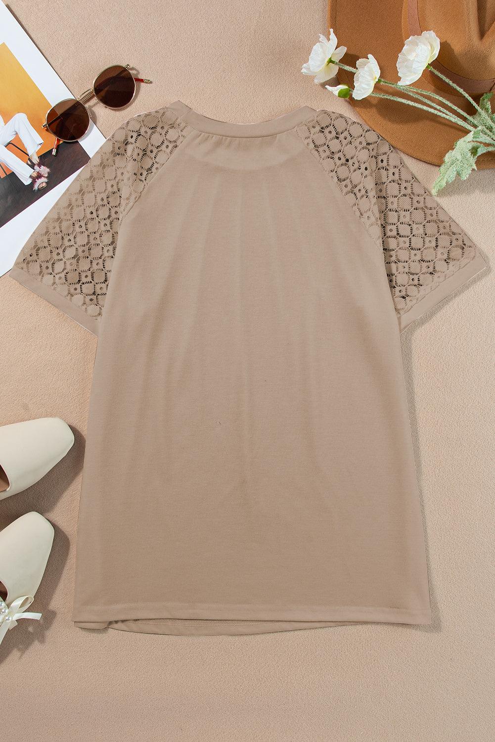 Pale Khaki Seamed Detail Contrast Lace Raglan Sleeve Tee - L & M Kee, LLC