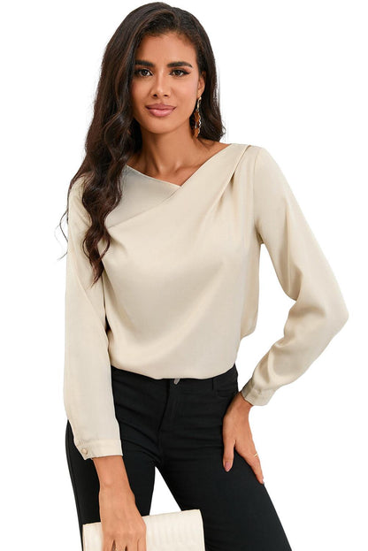 Solid Asymmetric V Neck Long Sleeve Satin Blouse - L & M Kee, LLC