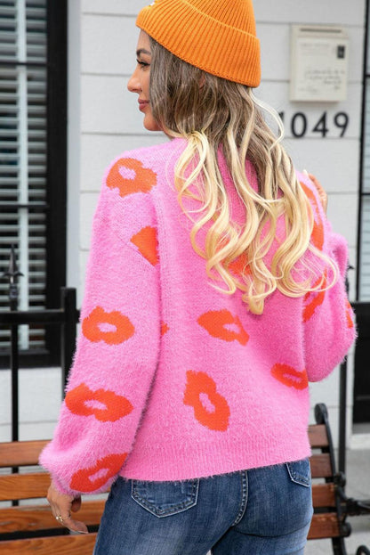 Bright Pink Valentine Kisses Fuzzy Sweater - L & M Kee, LLC