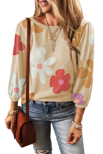 Apricot Cute Flower Print Bracelet Sleeve Top - L & M Kee, LLC