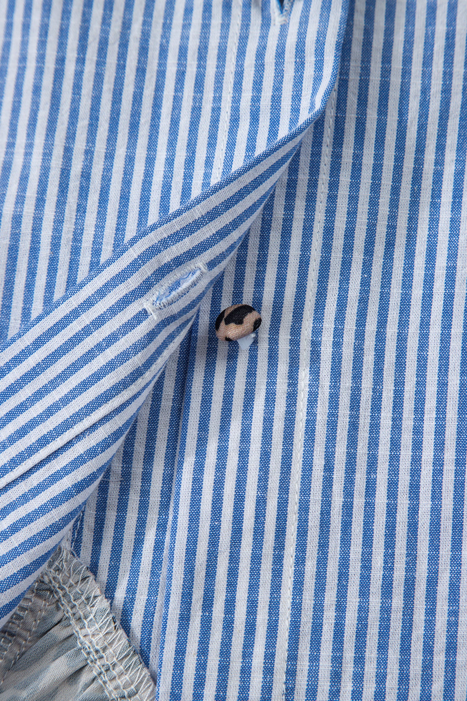 Sky Blue Stripe Contrast Frilled Leopard Trim Casual Long Sleeve Shirt