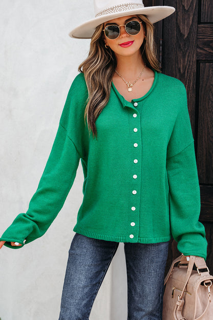 Bright Green Solid Color Knit Button Drop Shoulder Sweater Cardigan