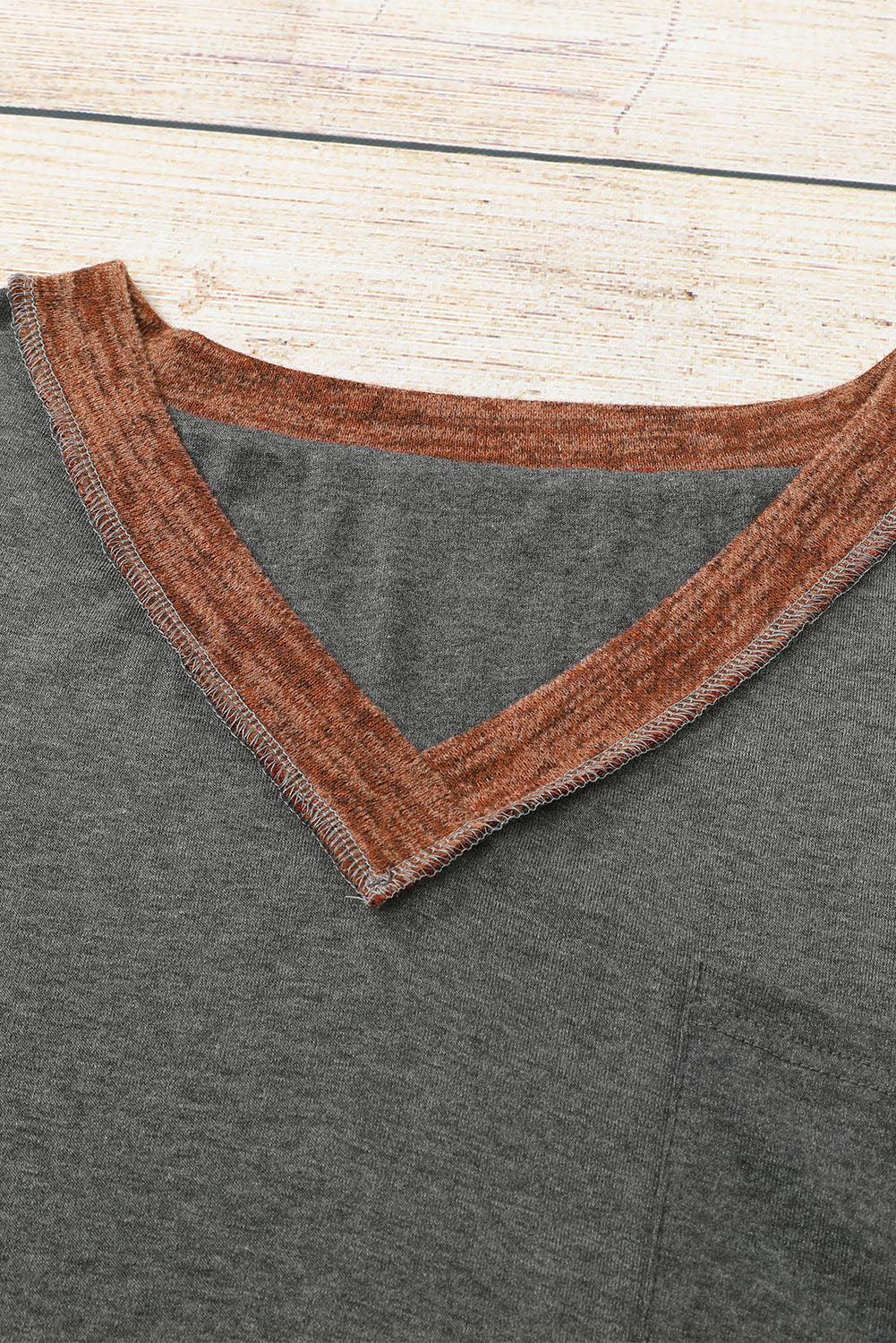 Brown V Neck Color Block Patchwork Loose Pullover - L & M Kee, LLC