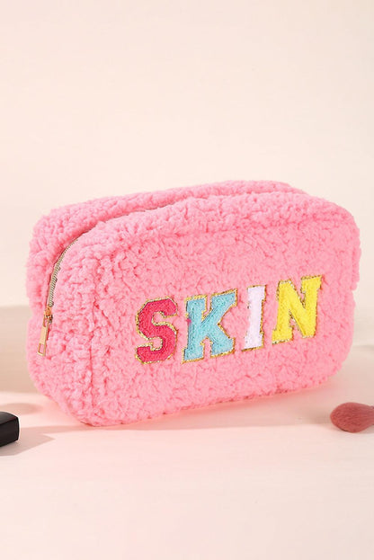 Pink Plush Chenille Embroidered Alphabet Makeup Bag - L & M Kee, LLC