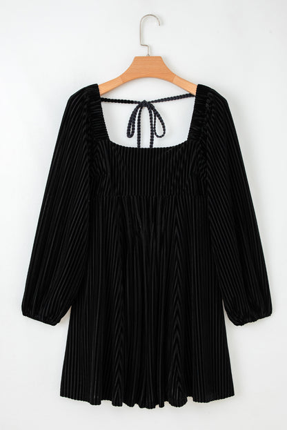 Black Tie Back Square Neck Velvet Babydoll Dress