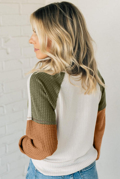 Green Color Block Exposed Seam Waffle Knit Long Sleeve Top - L & M Kee, LLC