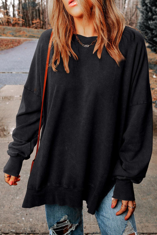Black Drop Shoulder Ribbed Trim Oversized Sweatshirt - L & M Kee, LLC
