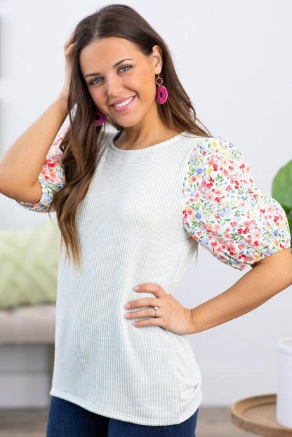 White Contrast Floral Puff Sleeve Ribbed Knit Plus Size Blouse - L & M Kee, LLC