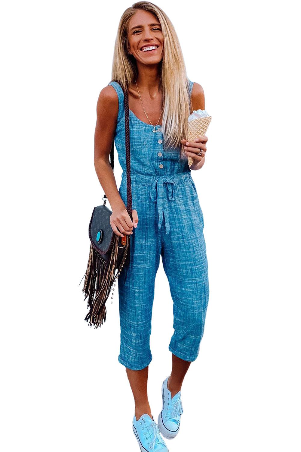 Button Drawstring High Waist Sleeveless Cropped Jumpsuit - L & M Kee, LLC